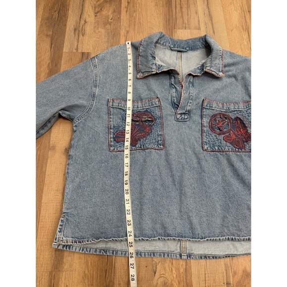 Boho Embroidered Denim Pullover Oversized Floral Boutique Art Top M L - Picture 6 of 8